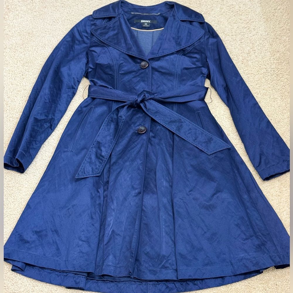 Dkny Dark Blue Knee Length Fit And Flare Trench Coat Sz Xs Euc